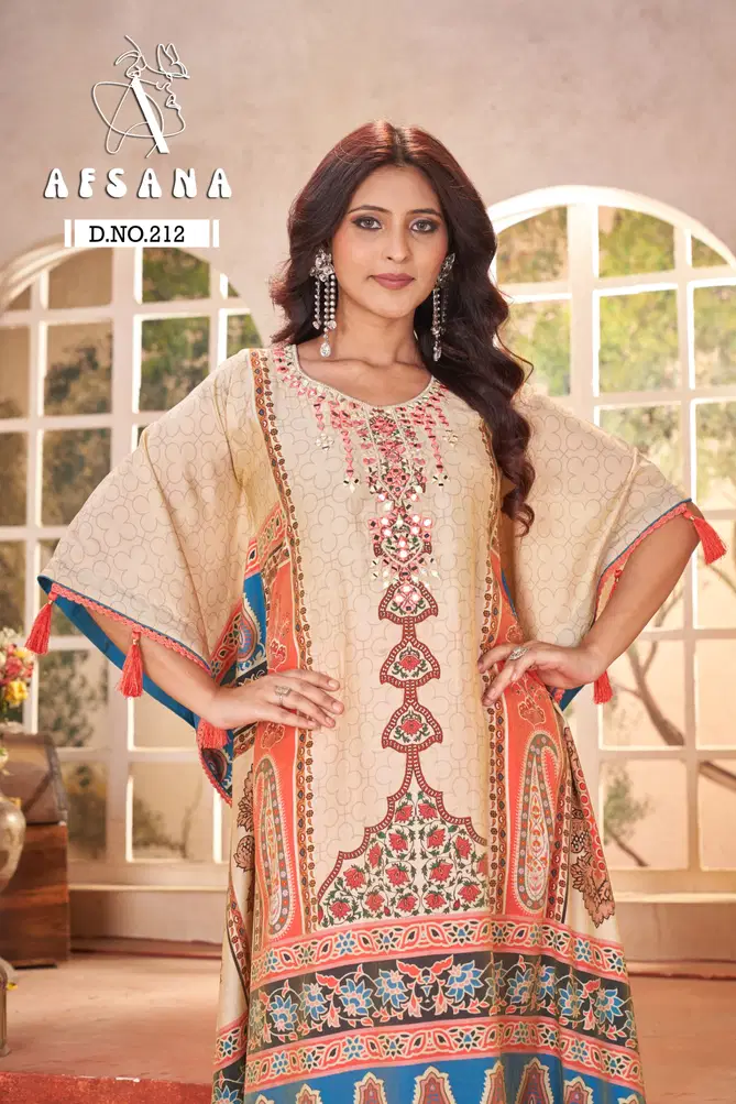 DN 212 By Afsana Modal Mirror Work Digital Printed Kaftan With Bottom Wholesale Price In Surat
